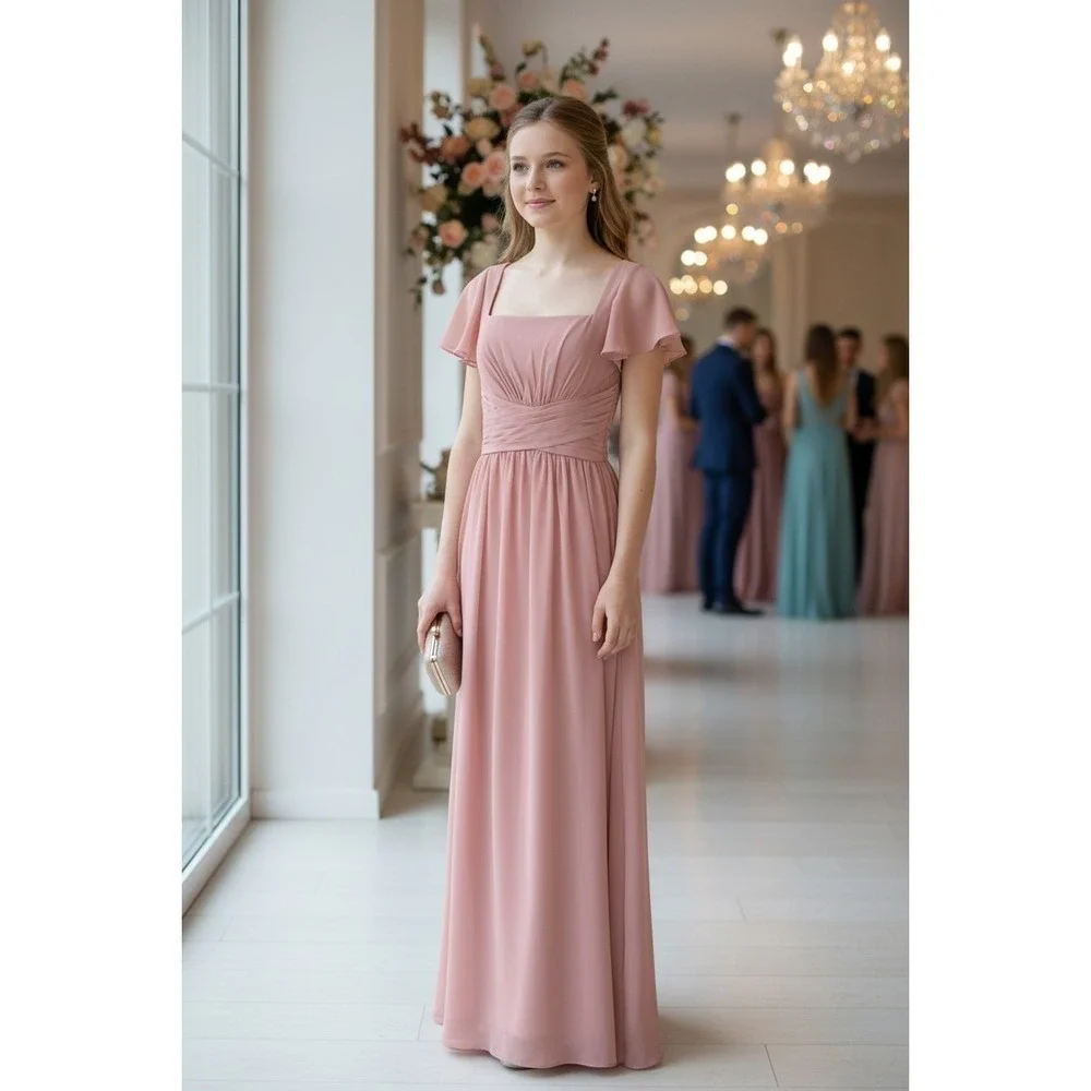 Dusty Pink Chiffon Maxi Dress Girl 18 Flutter Sleeve Zip Tie Lined Angelcore NWT